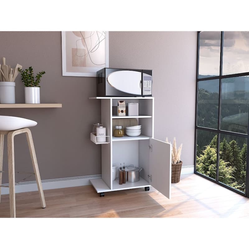 Kitchen Cart With Single Door Cabinet And Four Casters - White