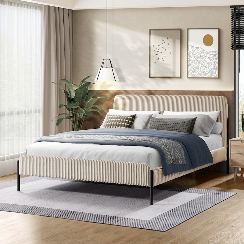 Corduroy Upholstered Bed Frame, Rounded Corners Design Queen Platform Bed, Slat Support