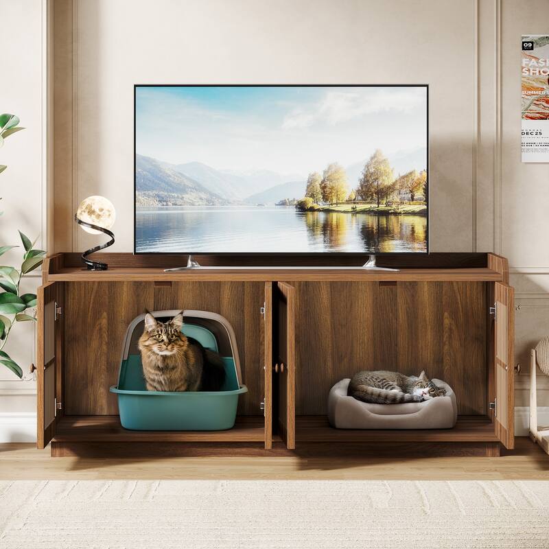 2 Cats Litter Box Enclosure, 55.1-Inch Extra Large Hidden Litter Box Furniture, Wooden XL Cat Washroom Furniture with Storage