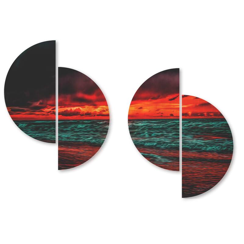 Designart 'Red Sunset over Blue Waters' Seascape Wood Wall Art Set of 4