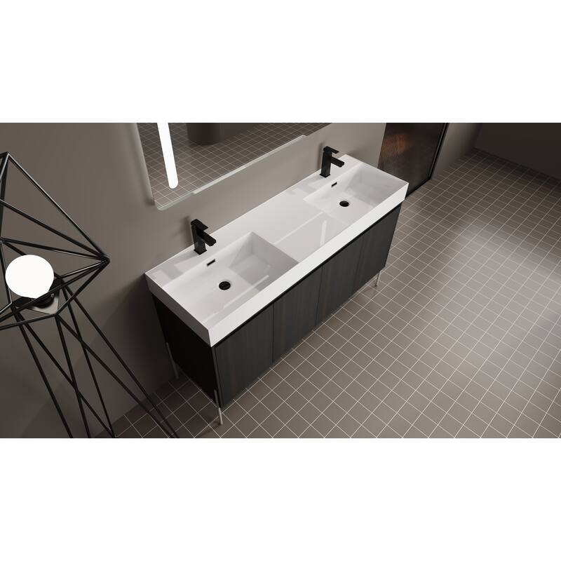 GDFStudio - Sydney Modern Freestanding Bathroom Vanity Cabinet with Double Resin Sink & 4-Soft Closing Doors - 60"