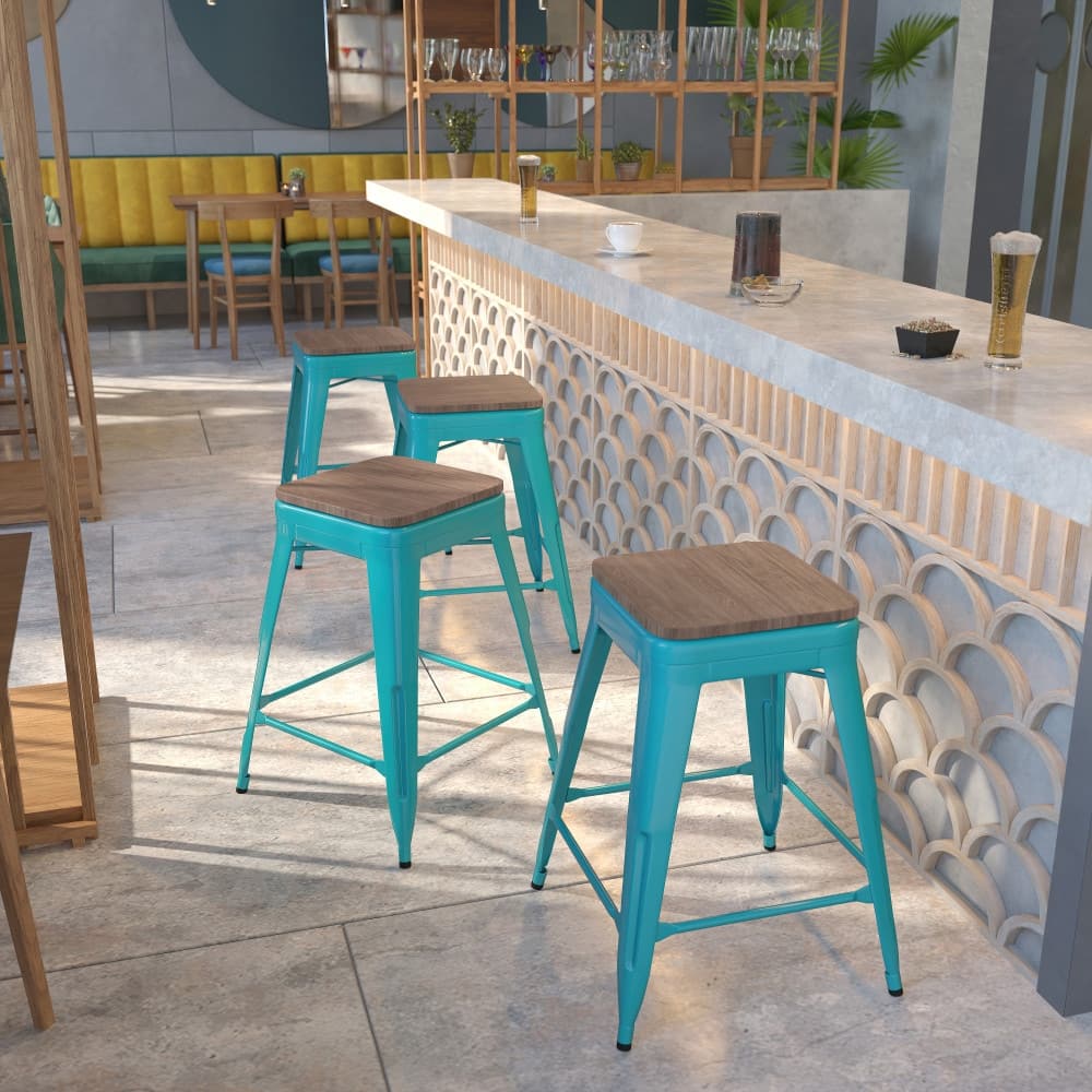 4 Pk. 24" High Backless Counter Height Stool with Square Wood Seat