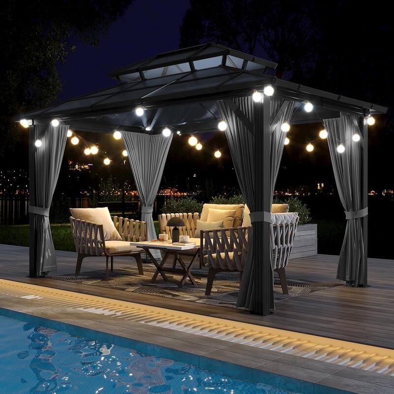 Hardtop Outdoor Double Roof Gazebo, Aluminum Frame Permanent Pavilion with Curtains and Nettin