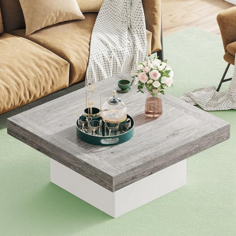 35.4” Square Rustic Wooden Coffee Table with LED Light for Living Room or Bedroom Furniture - 35.4”L x 35.4”W x 17.7”H
