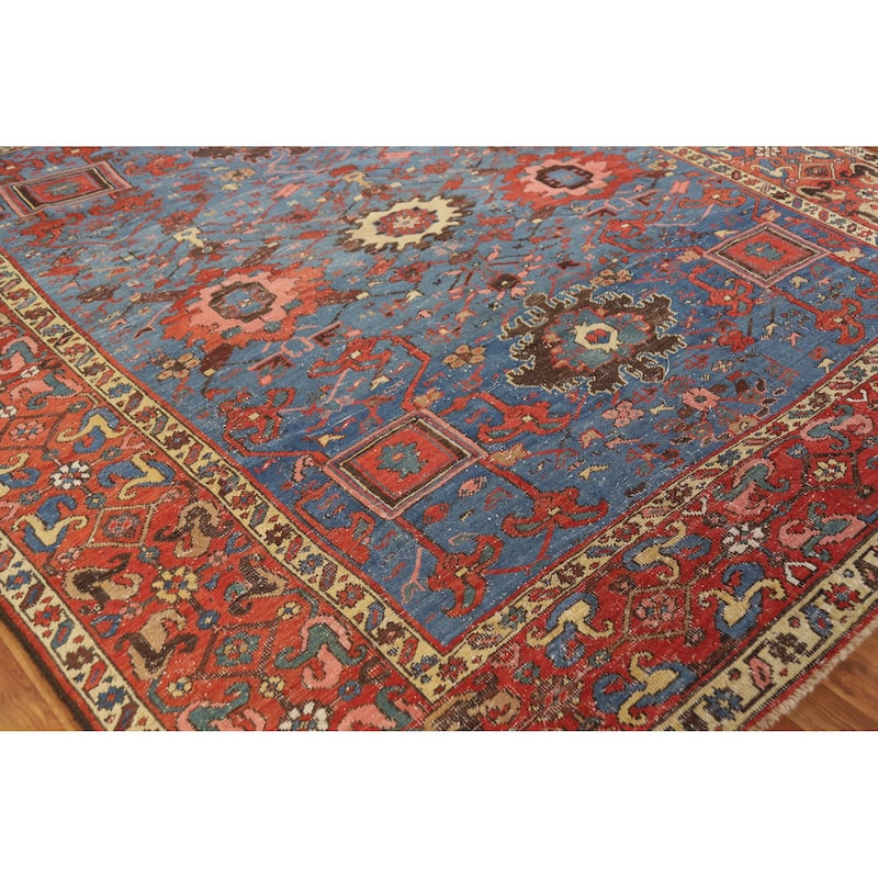 Hand Knotted Oriental 100% Wool Carpet Traditional Geometric Navy Blue & Blues Heriz Area Rug - 8' 5'' X 7' 11''