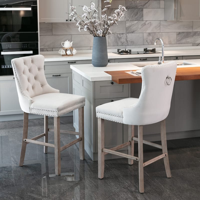 Contemporary Velvet Upholstered Barstools with Button Tufted Decoration and Wooden Legs, and Chrome Nailhead Trim,Set of 2 - Beige