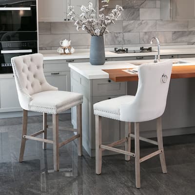 Set of 2 Contemporary Velvet Upholstered Bar Stools with Button Tufted Decoration and Wooden Legs,and Chrome Nailhead Trim