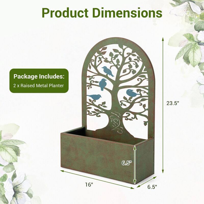 Gymax Set of 2 Decorative Raised Garden Bed Wall-mounted Metal Planter