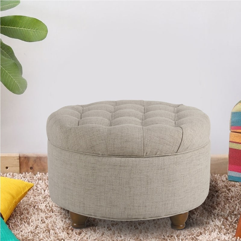 Fabric Upholstered Wooden Ottoman with Tufted Lift Off Lid Storage, Beige
