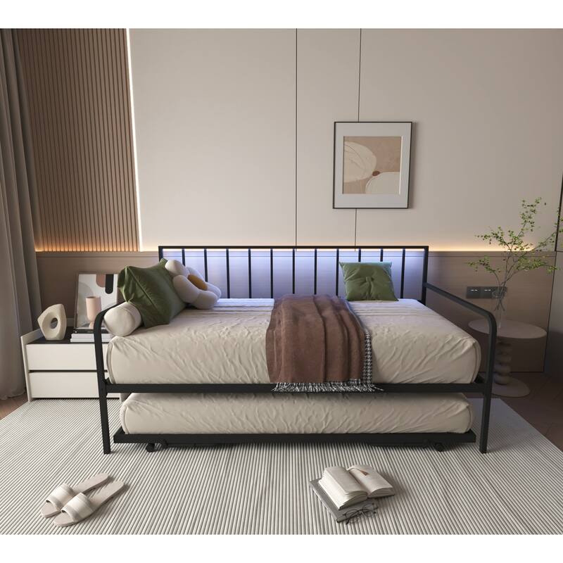 Twin Size Metal Daybed with RGB LED Lights, Charging Station and Trundle and Height Adjustable Sofa Bed Frame