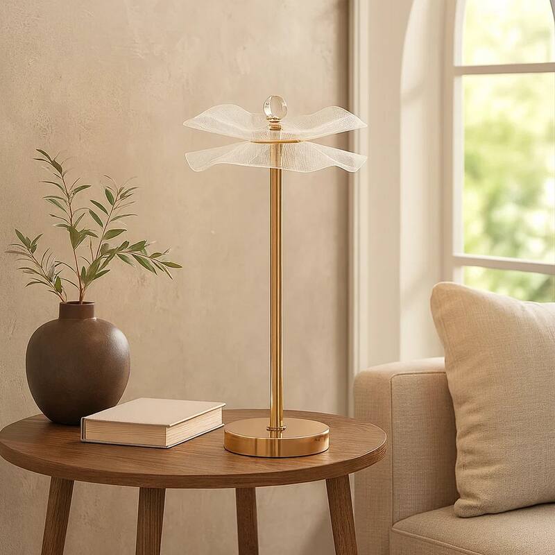 Accent Table Lamp, LED, Lotus Shape Acrylic, Copper, Gold, 18 Inch