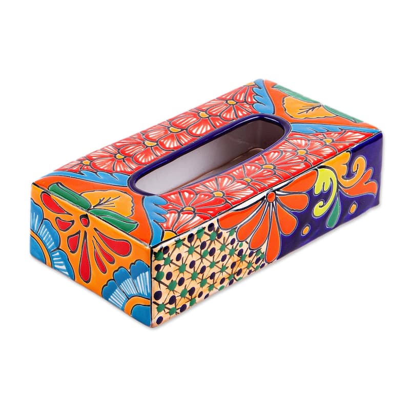 Handmade Hacienda Convenience Ceramic Tissue Box Cover (Mexico) - Multi colour - 2.8" H x 11" W x 5.75" D