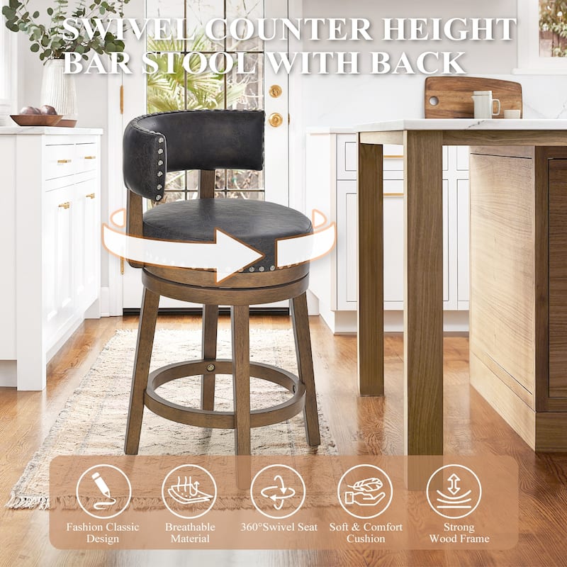 Modern Velvet Swivel Bar Stool - 25" or 30" Counter Height with Adjustable Footrest & Walnut Base, for Kitchen Islands