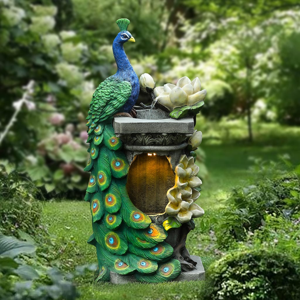 Resin Blue and Green Peacock Outdoor Fountain with LED Light - 31.69" H