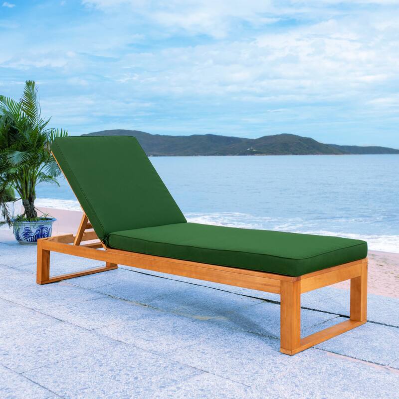 SAFAVIEH Outdoor Kaliyah Solid Wood Chaise Lounge Chair - 25Wx81Dx37H - Natural Wood/Green Cushion