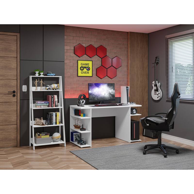 Madesa Gamer Desk 53" + Ladder Shelf Standing Bookcase - White