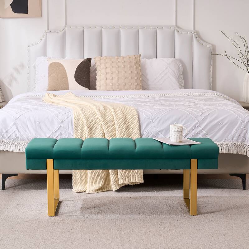 Upholstered Bedroom Bench Tufted Entryway Bench Modern End of Bed Bench Dining Bench with Gold/Black Metal Legs for Window
