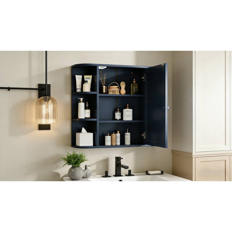 Bathroom Wall Storage Cabinet with Mirror, with Adjustable Wood Shelf & Doors, Mounted Storage Cabinets with 6 Open Shelves
