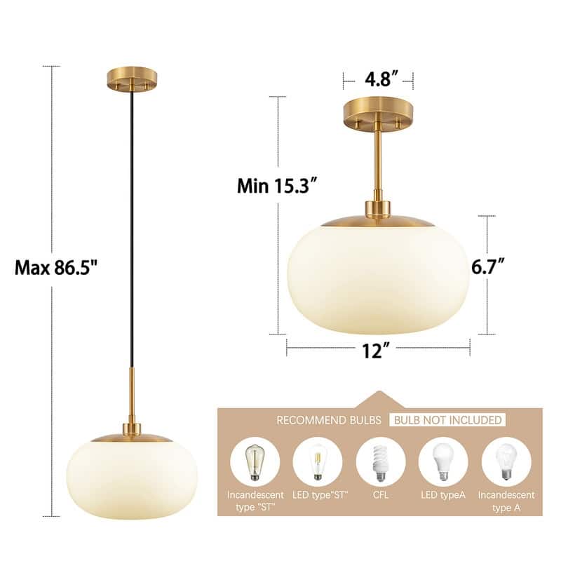 KAWOTI 12” 1-Light Adjustable Opal White Glass Pendant - W12" x H86.5"