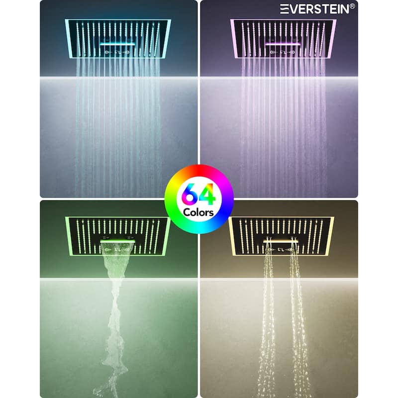 Thermostatic Music Shower System Dual Heads 16" & 6" Rainfall Waterfall LED Shower Head with High Pressure Handheld Spray