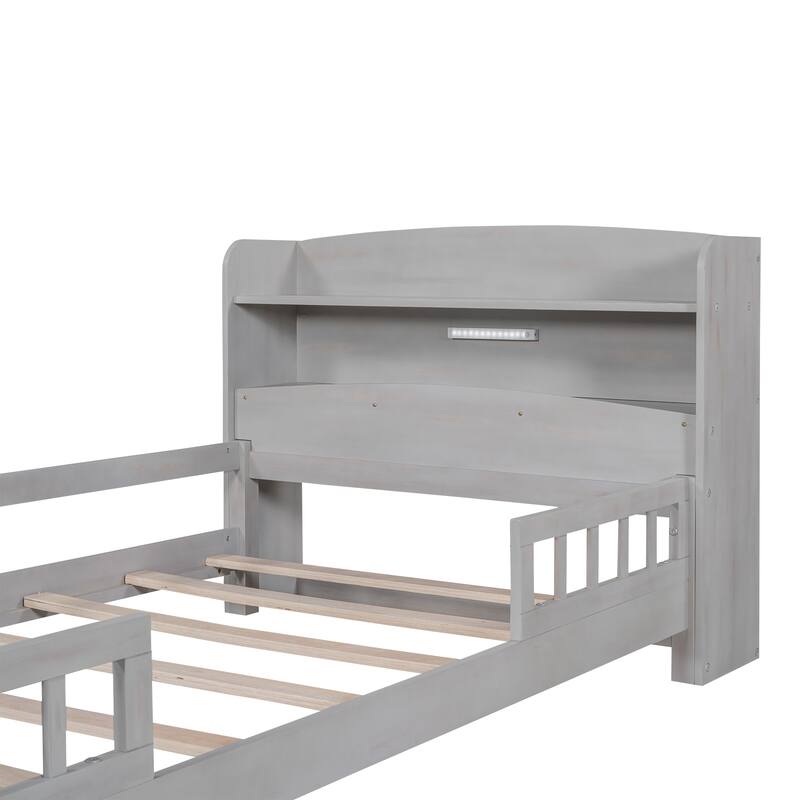 Twin Size LED Platform Bed with Storage Headboard & Guardrail, Antique Grey