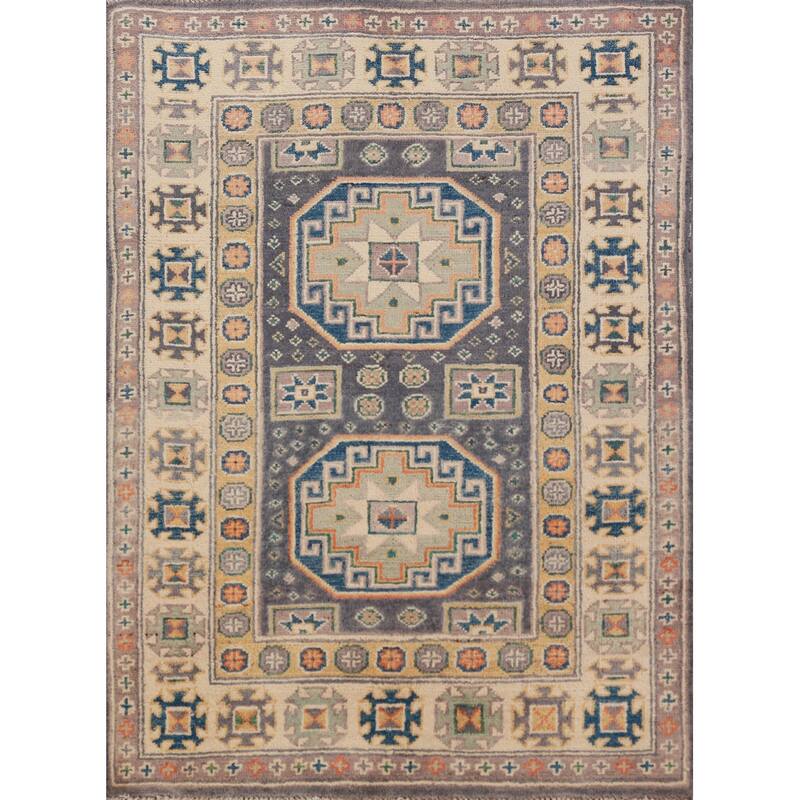 Geometric Kazak Foyer Rug Hand-Knotted Grey Wool Carpet - 2'9"x 3'10"