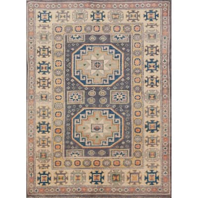 Geometric Kazak Foyer Rug Hand-Knotted Grey Wool Carpet - 2'9"x 3'10"