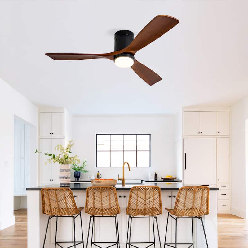 52 Inch Flush Mount Ceiling Fan with Lights and Remote Control, Wood Blades, Quiet DC Motor - Indoor/Outdoor - Black