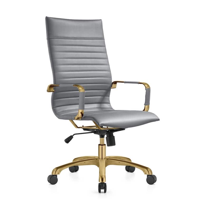 Harris Leather Executive Office Chair - Ergonomic Lumbar Support, Adjustable Height, Tilt Lock, Gold Frame, Rolling Casters