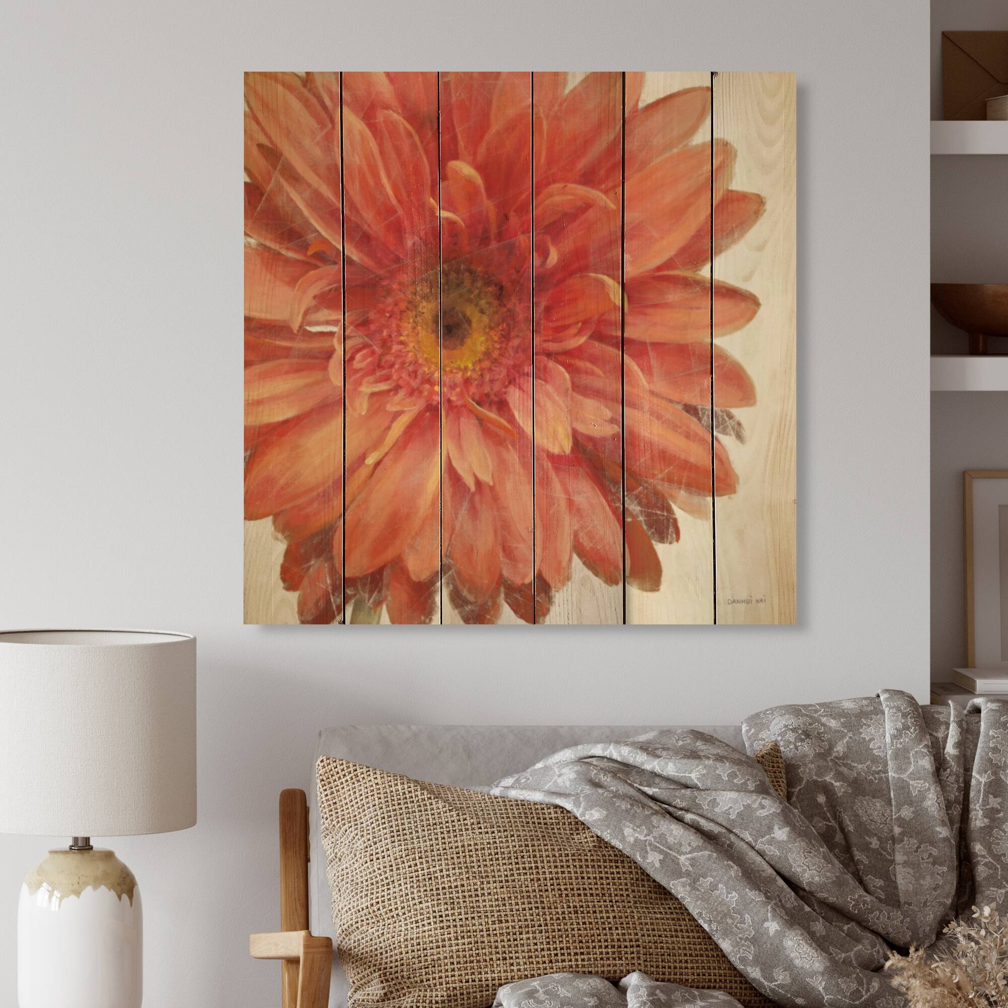 Designart 'Vivid Red Daisy' Traditional Wood Wall Art Panels Natural