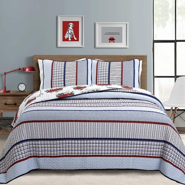 slide 2 of 13, Cozy Line Benjamin Stripe Truck Print 3-piece Quilt Set Twin