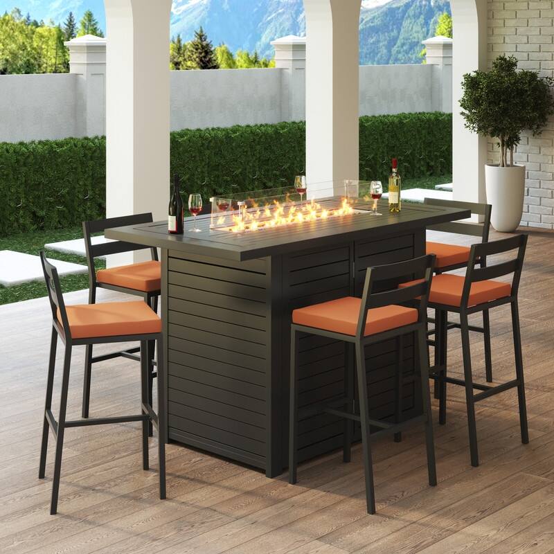 Chelsea 7-Piece Outdoor Patio Bar Height Dining Set in Aluminum with Rectangular Fire Pit Table and 6 Barstool