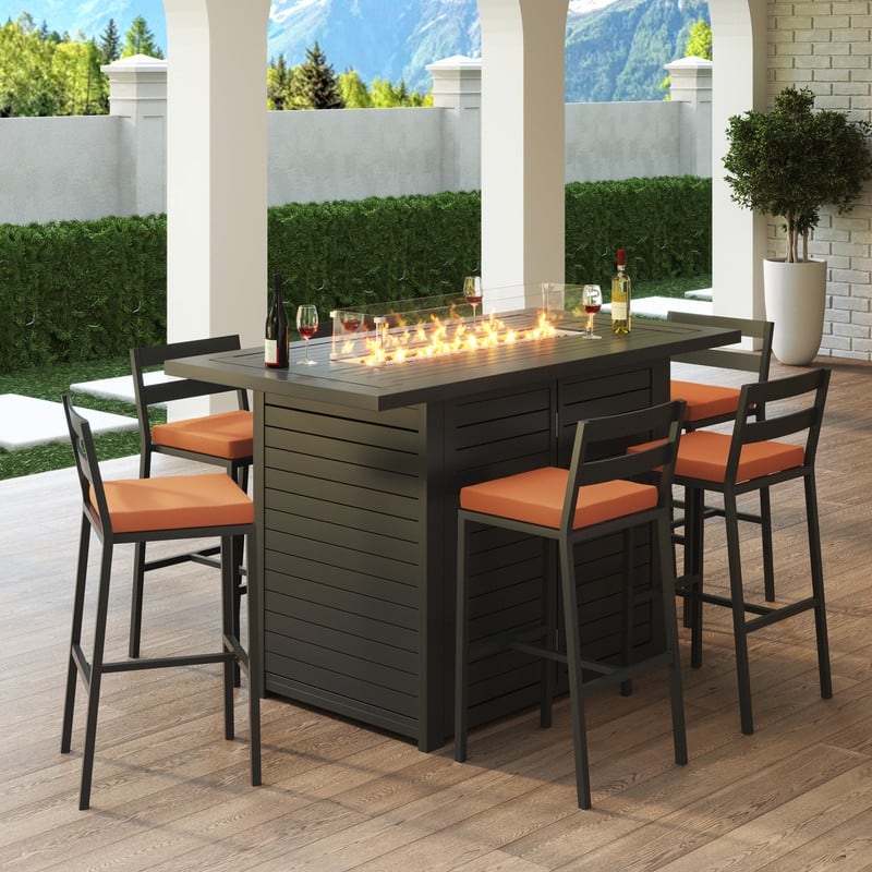Chelsea 7-Piece Outdoor Patio Bar Height Dining Set in Aluminum with Rectangular Fire Pit Table and 6 Barstool
