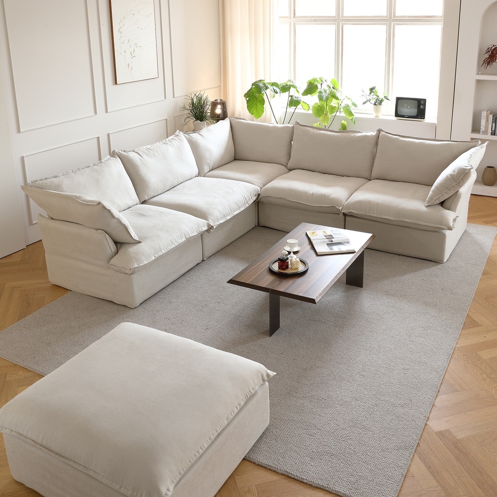 Magic Home Modular 4-Piece Bean Bag Teddy Velvet Top Thick Seat Living Room Lazy Sofa, Beige