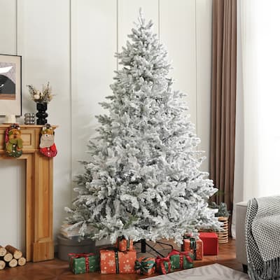 Premium 7FT Snow Flocked Hinged Artificial Christmas Fake Spruce with Fluffy Branch White Snow Tips and Metal Stand