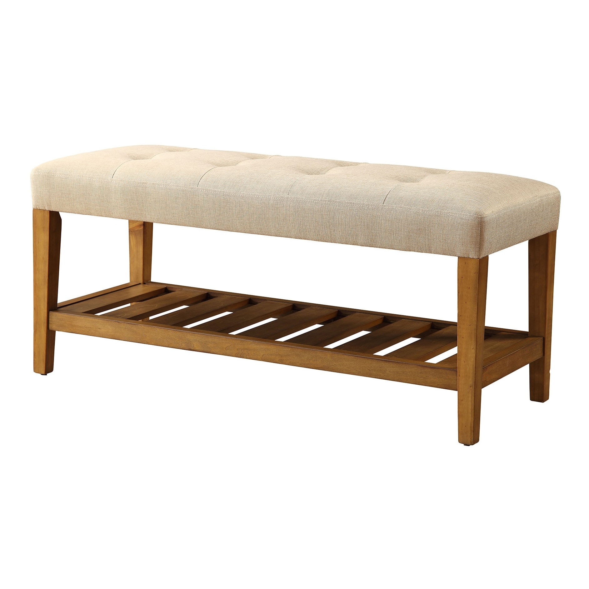 Tufted Padded Seat Bench In Beige And Oak Finish