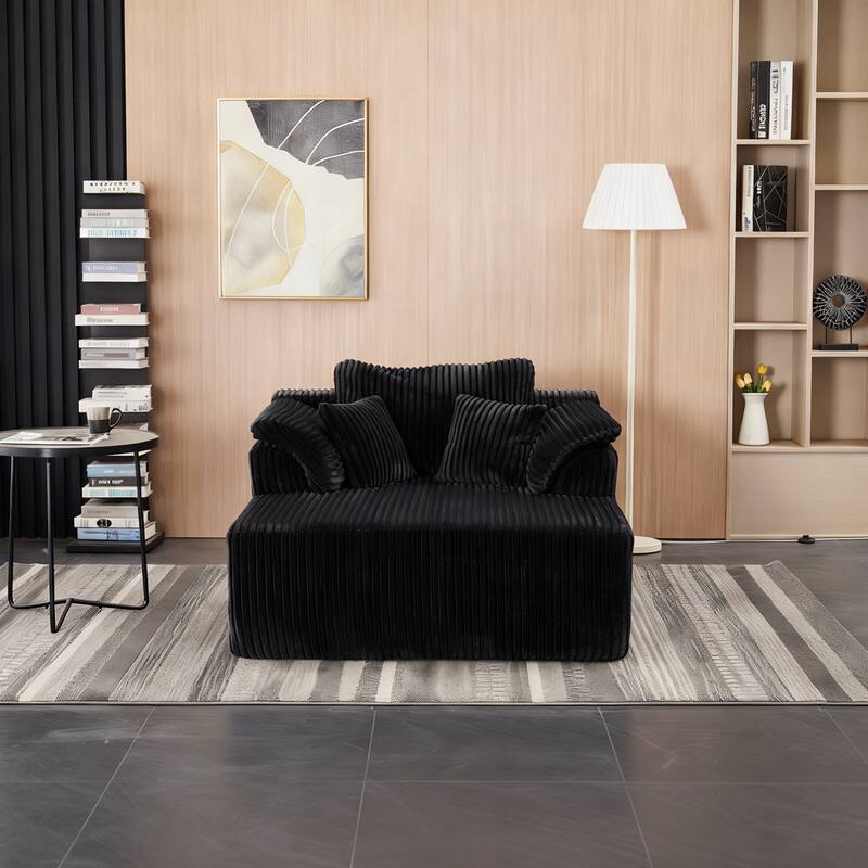 60" Chaise Lounge Chair, Oversized Boneless Corduroy Sofa Bed with Deep Seat, Indoor Sleeper Couch Reading Chair - Black