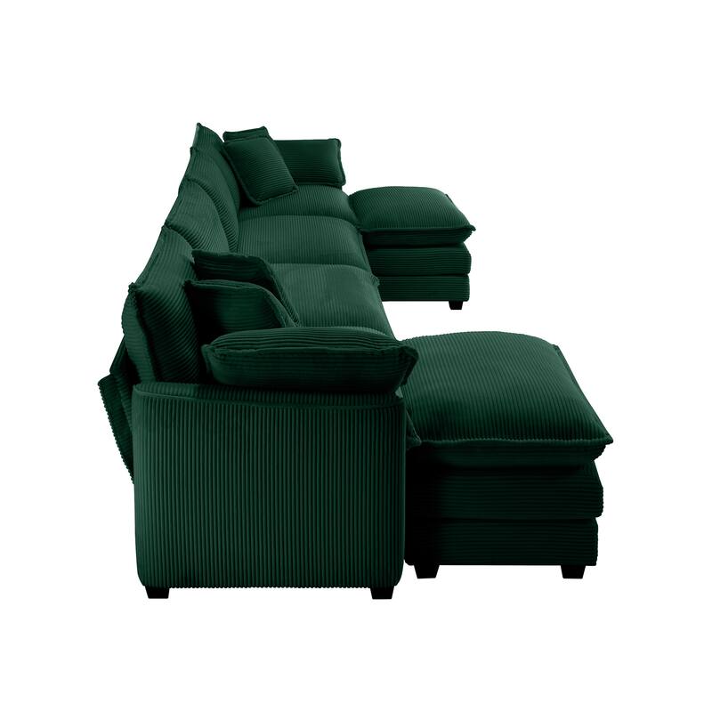 Modern Fabric 4 Seater Modular Sofa Set - Soft Upholstered U-Shape Corduroy Couch with 2 Ottomans for Living Room