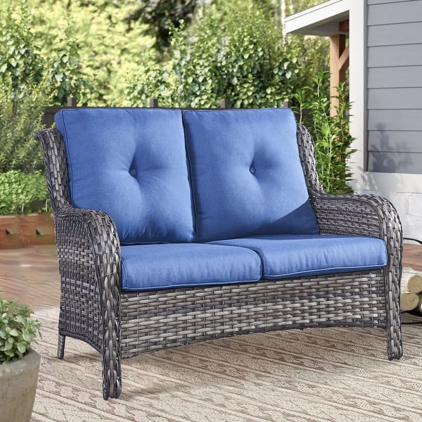 slide 2 of 24, Outdoor Furniture Loveseat Couch High Back Wicker Sofa Blue - Grey