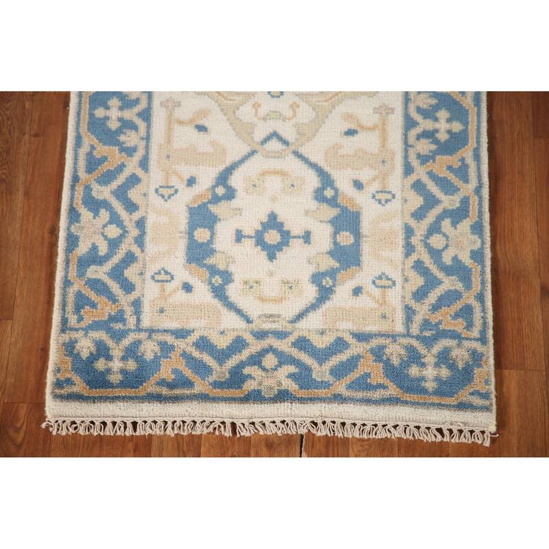 Floral Beige Oushak Style Runner Rug Hand-knotted Wool Carpet - 2'6"x 9'9"