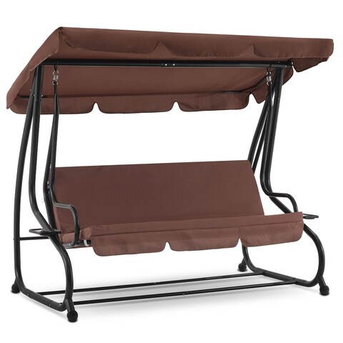 Mcombo 3 Seat Patio Swing Chair, Outdoor Swing with Adjustable Canopy, Weather Resistant Steel Frame