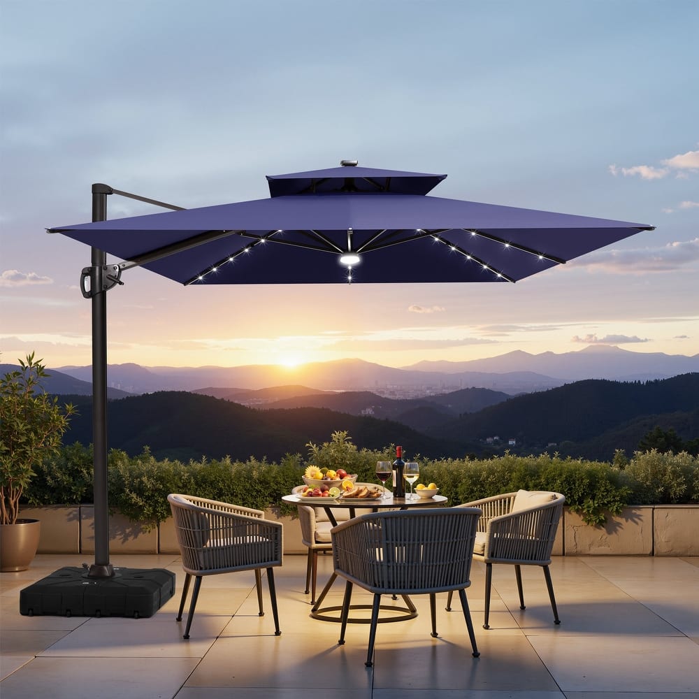 9 x11 FT LED Lighted Cantilever Patio Umbrella Double Top Rectangle with Base