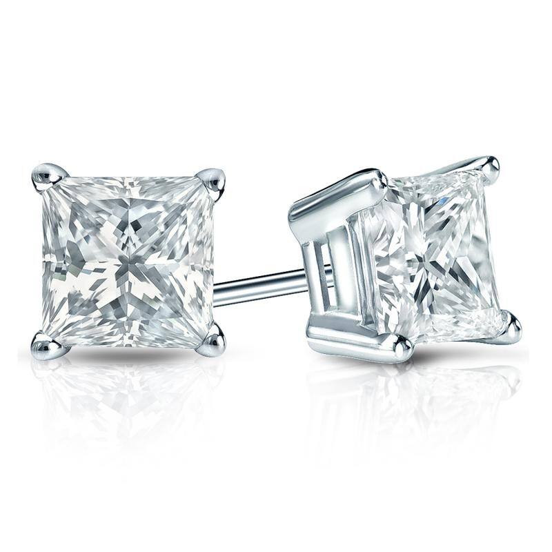 Auriya Plat Gold Lab Grown 1.50 carat TDW Princess Diamond Stud Earrings 4-Prong Basket Push-back