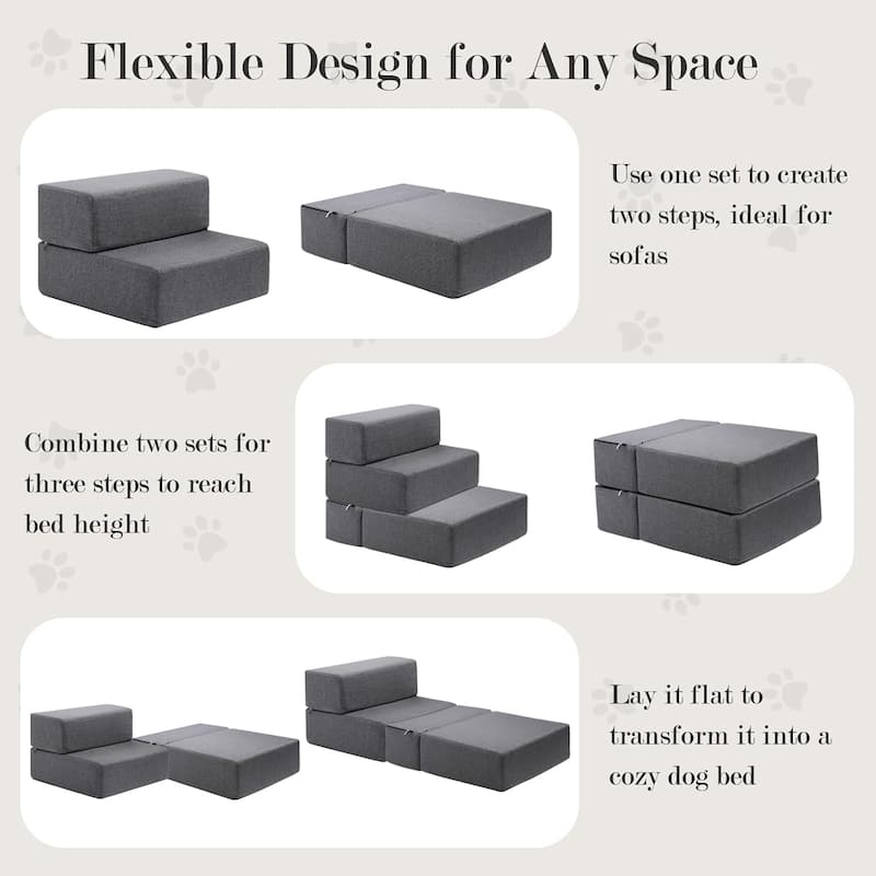 WOWMAX Dog Stairs Ramp for Beds and Sofas, Foldable Modular Pet Steps for Small Dogs, Non-Slip Durable Design,Gray - 18x16x12"