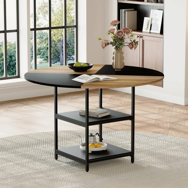 Diameter Modern Splicing Circular Dining Table - Double-Layer Storage, Wood And Fan-Shaped Diagonal Color Matching Design