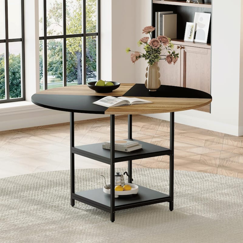 Round Coffee Table, 47 Inch Living Room Coffee Table with Metal Frame, 3 Tier Wooden Center Table with Storage Shelves