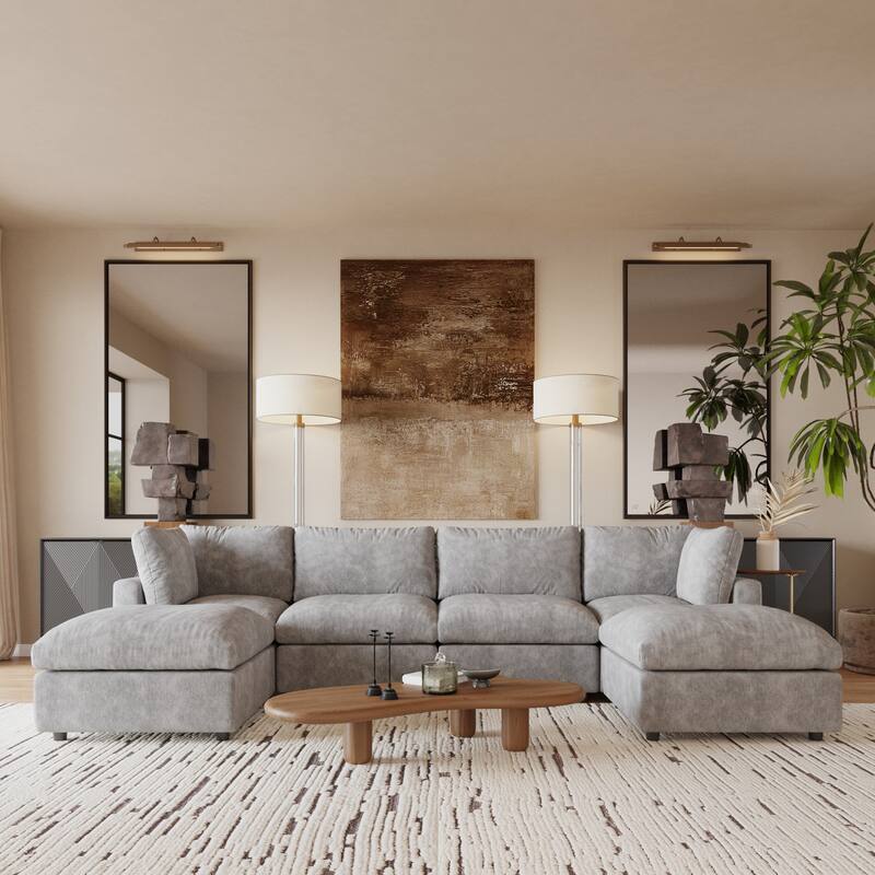 Cloud Couch Modular Sectional Sofa, 134" U Shaped Couch for Livingroom, Oversized Convertible Wide Seater with 2 Ottomans - Grey