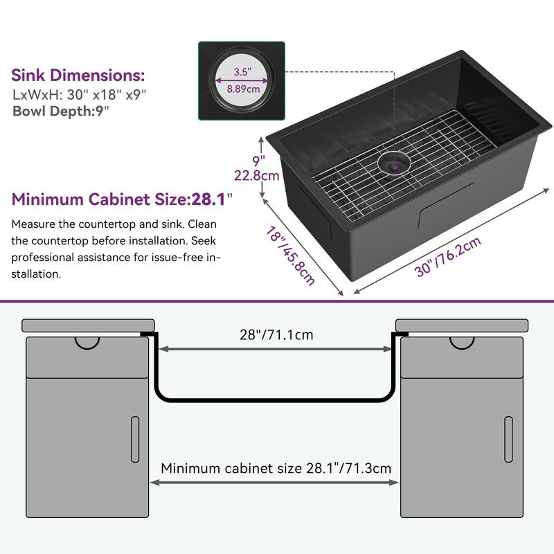 30'' Stainless Steel Single Bowl Black Kitchen Undermount Sink