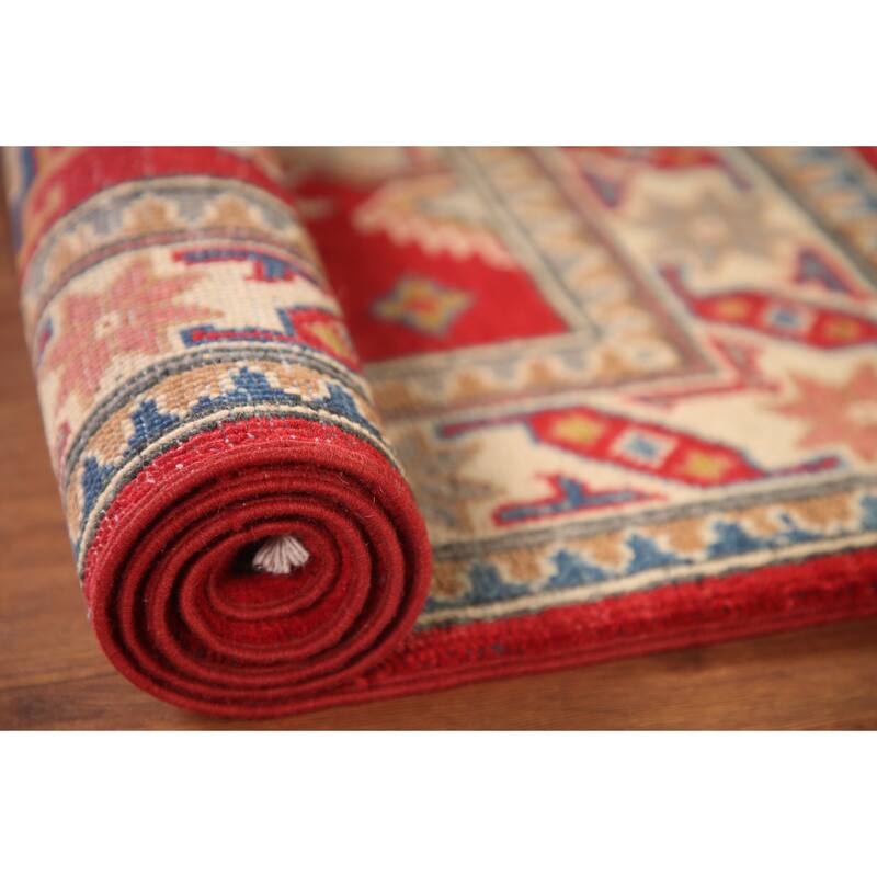 Geometric Red Kazak Oriental Accent Rug Handmade Wool Carpet - 2'9"x 4'2"