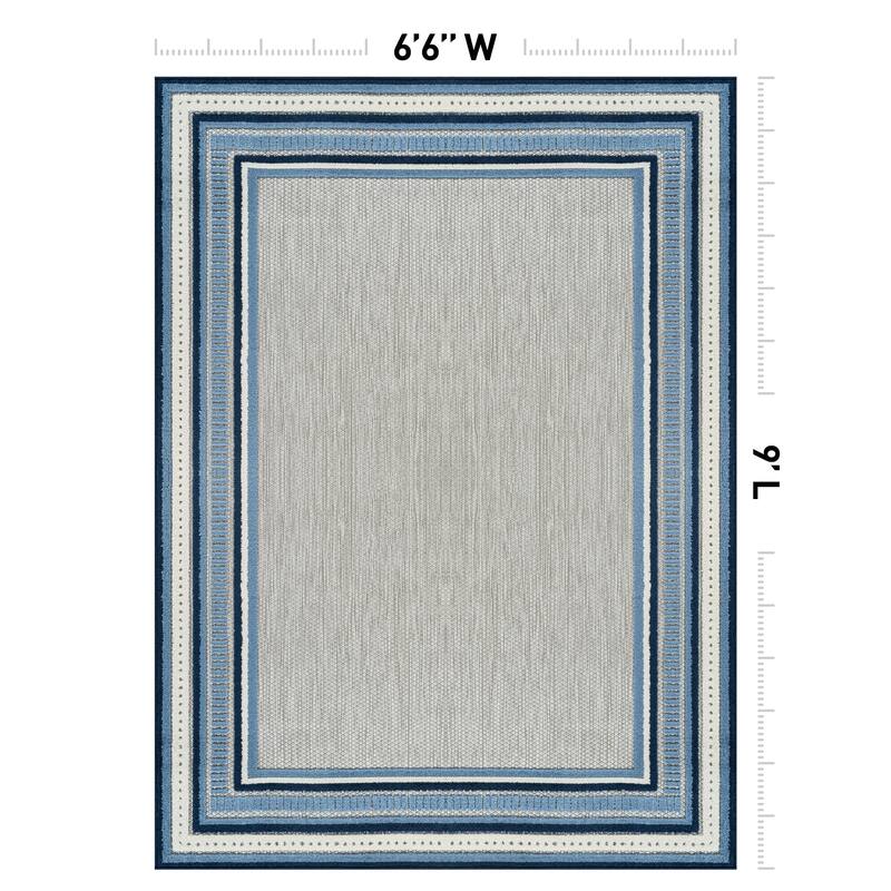 World Rug Gallery Indoor/Outdoor High-Low Textured Area Rug, Coastal Border Easy-Clean Patio Rug